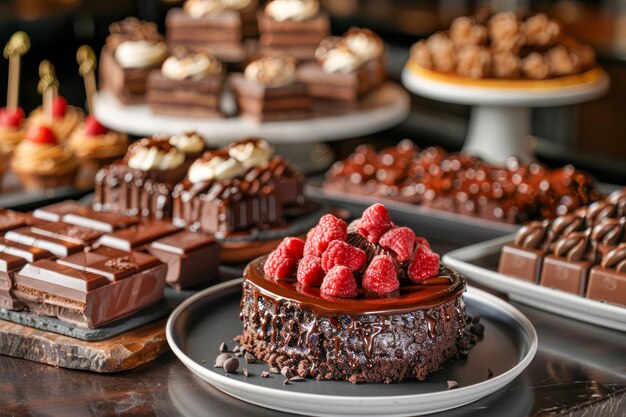 Exquisito postre de chocolate con frambuesas frescas en un elegante plato en la exhibición de la panadería