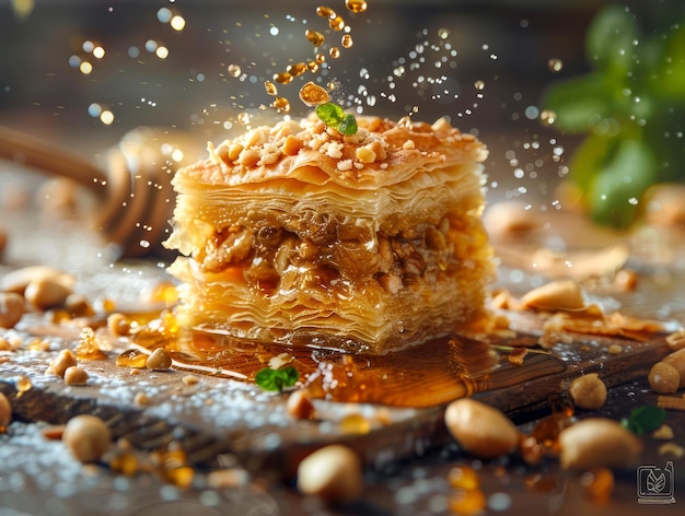 Exquisito primer plano de deliciosa miel rociada Baklava con nueces y jarabe dulce salpicado