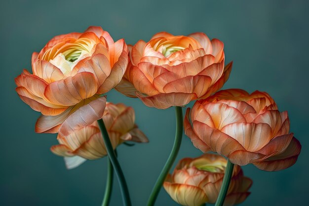 Foto exquisito primer plano de vibrantes flores de ranúnculo naranja sobre un fondo azul suave