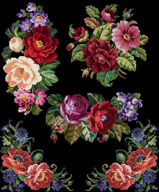 Exquisito punto cruzado floral Un ramo vintage de rosas y amapolas