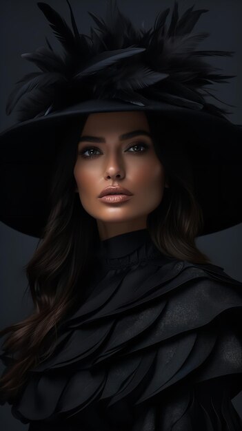 Exquisito sombrero fascinador con plumas usado por una modelo femenina en una función real en un fondo oscuro IA generativa