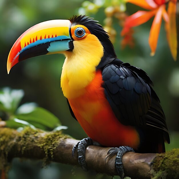 Un exquisito tucano con plumas vibrantes que se mezclan en un espectro de colores audaces generados por la IA