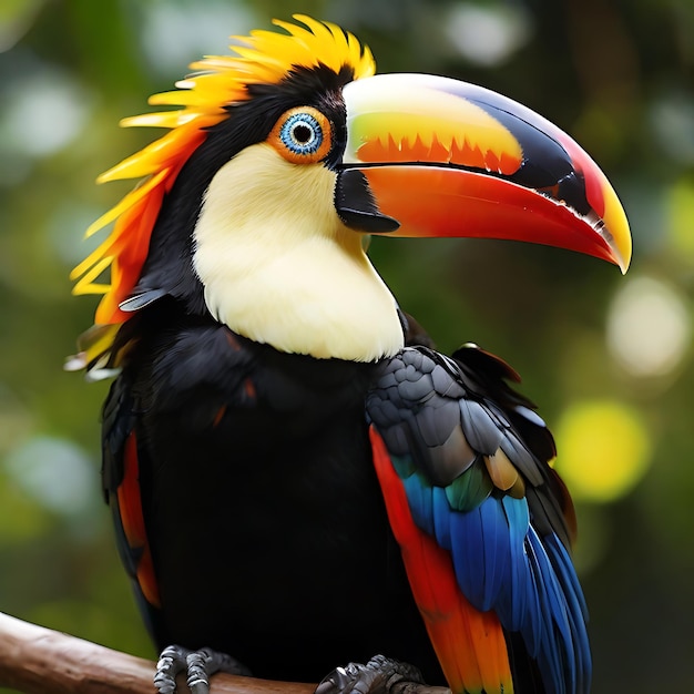 Un exquisito tucano con plumas vibrantes que se mezclan en un espectro de colores audaces generados por la IA