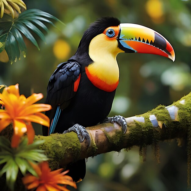 Un exquisito tucano con plumas vibrantes que se mezclan en un espectro de colores audaces generados por la IA