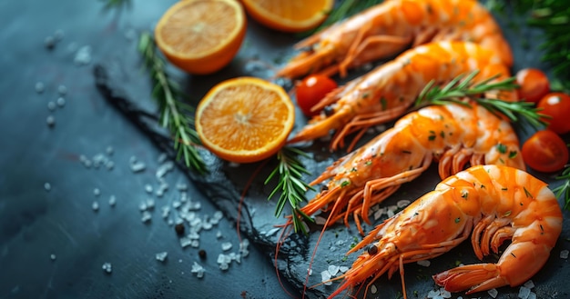 Exquisitos camarones salpicados de hierbas frescas a la espera de la creación culinaria