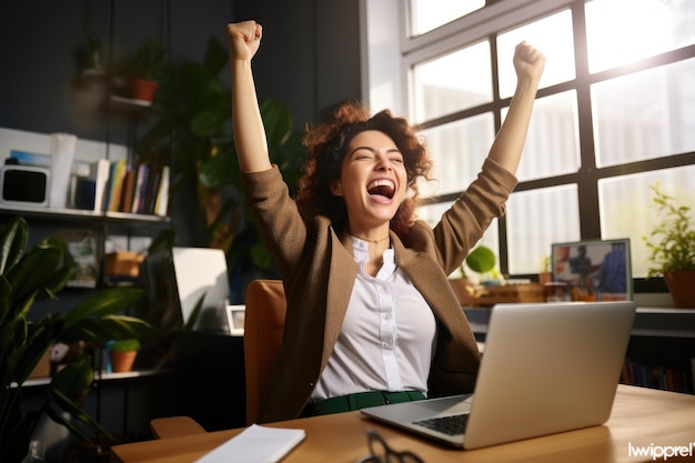 Extasiada empresaria y emprendedora independiente celebra el triunfo radiante en el escritorio de su oficina en casa después de completar un proyecto exitoso