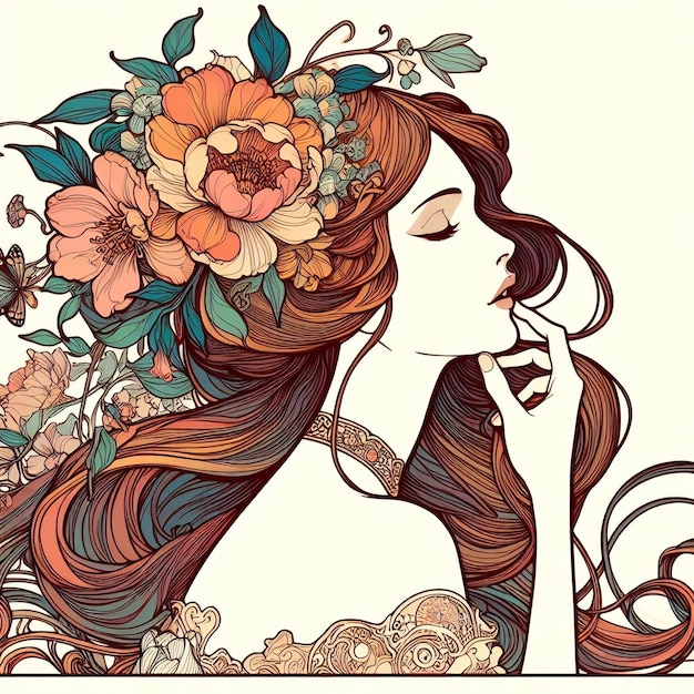 Extasis floral joven con cabello largo inspirado en el Art Nouveau de Alphonse Mucha