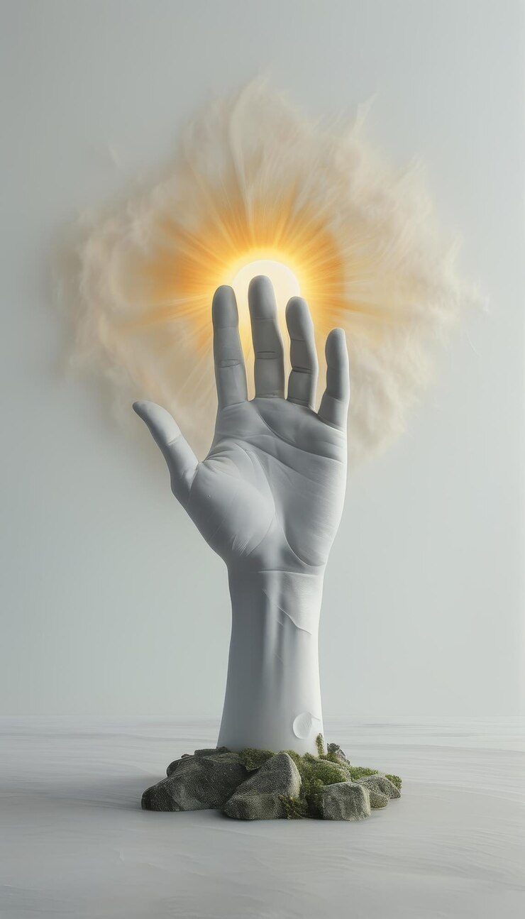 Extendiendo la mano hacia una luz luminosa en el cielo