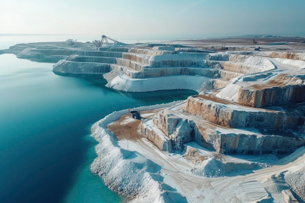 Extensa cantera de minería de litio con piscinas de agua azul cristalina