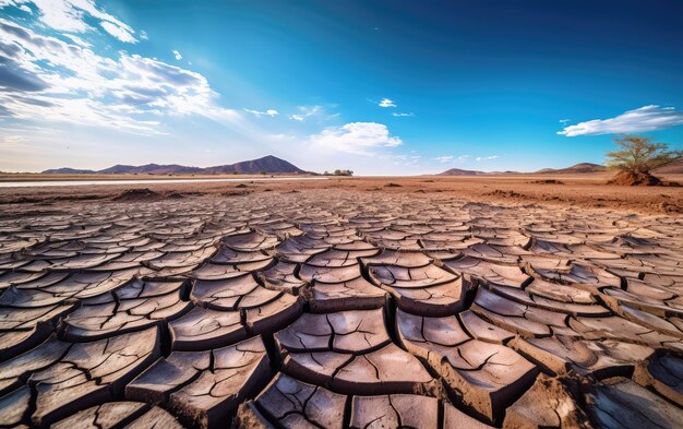 La extensa tierra agrietada bajo un cielo azul claro en un paisaje desértico árido