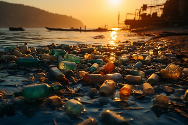 Extensión de arena estropeada por botellas desechadas y basura que muestra el daño de la contaminación de la playa