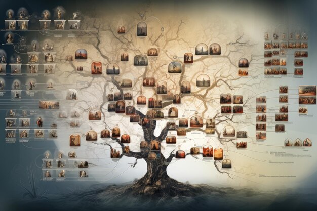Extenso árbol genealógico mostrado con numerosas imágenes Una visualización abstracta de un árbol genealógico multigeneracional generado por IA