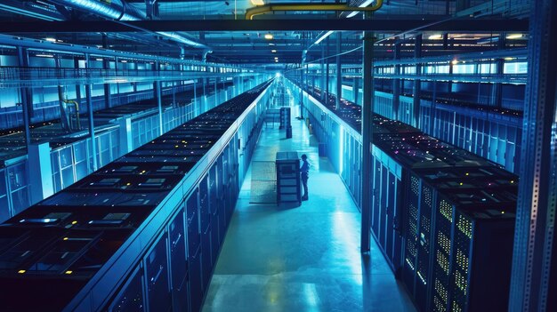 Un extenso centro de datos con filas de servidores sistemas de refrigeración avanzados y técnicos que monitorean las operaciones generadas por la IA