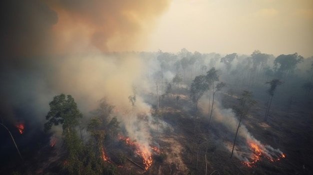 Extenso incendio forestal con denso humo oscuro en el bosque tropical Causa de la deforestación