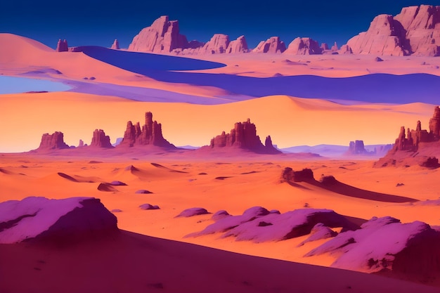 Un extenso paisaje desértico con dunas de arena y un cielo de color púrpura intenso que Bill Watterson generó Ai