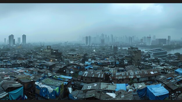 Foto un extenso paisaje urbano con una mezcla de rascacielos modernos y barrios pobres densamente poblados el cielo está brumoso y hay un río en el fondo