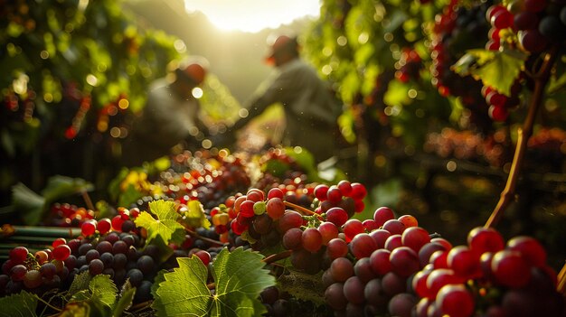 El extenso viñedo en el tiempo de la cosecha con los trabajadores en los campos