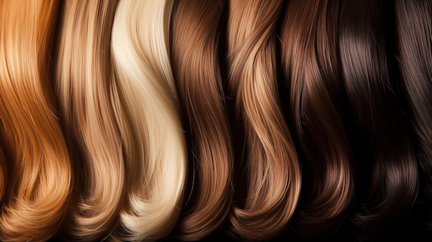 Extensões de cabelo de salão de beleza com amostras de cores diferentes