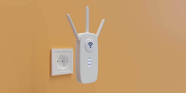 Foto extensor wifi repetidor inalámbrico aislado en la pared amarilla amplificador de internet de cerca render 3d