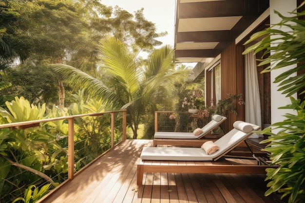 Exterior aconchegante da casa com deck para banhos de sol e espreguiçadeiras cercadas por uma vegetação luxuriante criada com ai generativo