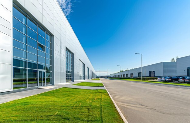 Exterior de un almacén moderno con unidades de oficinas