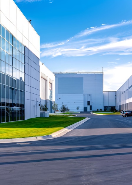 Exterior de un almacén moderno con unidades de oficinas