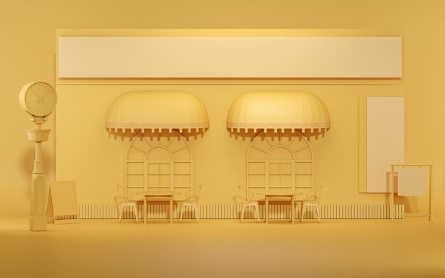 Exterior de la cafetería al aire libre con color amarillo La tienda tiene sillas de mesa con letrero en blanco 3D Render