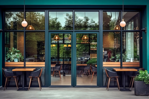 Exterior de cafetería moderna con ventanas de cristal que muestran el interior a través del cristal y asientos al aire libre