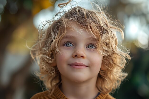 Exterior cámara de primer plano mirando a un niño rubio de aspecto gracioso cabello generativo Ai