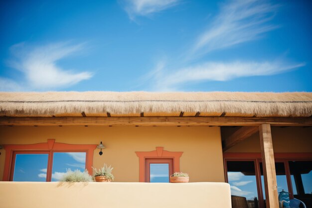 El exterior de la casa de balas de paja contra un cielo azul