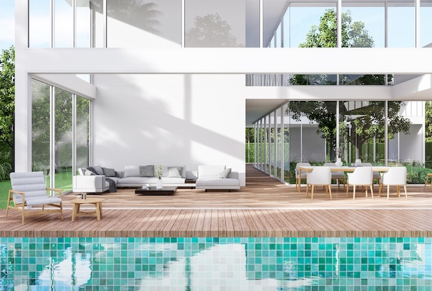 Exterior de casa blanca de estilo moderno con terraza de madera y piscina de azulejos azules 3d render Hay una sala de estar y un comedor en el interior con vistas al patio verde en el medio de la casa