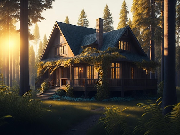 Exterior de una casa de campo Casas pequeñas en el fondo del bosque Casa de madera de estilo escandinavo