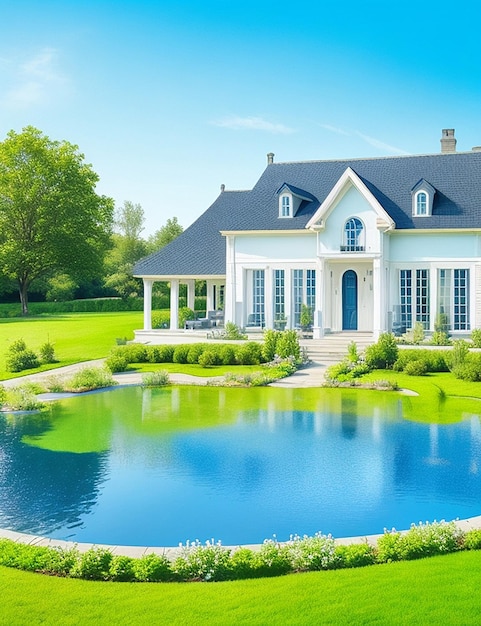 Foto exterior de casa clásica con estanque y paisaje sobre fondo azul.