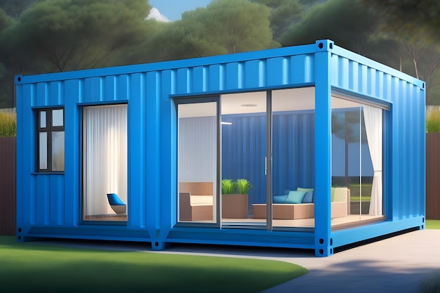 Foto exterior de la casa de contenedor de un solo color azul con puerta de vidrio de habitación pequeña creada con ia generativa