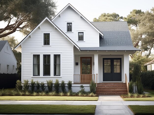 Exterior de casa gris con una habitación acogedora Generación AI