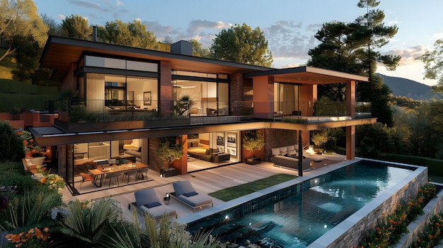 Exterior de casa de lujo moderna con piscina y hermoso paisaje