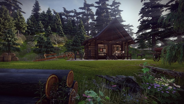 exterior de la casa de madera en el bosque con salón al aire libre ilustración 3d