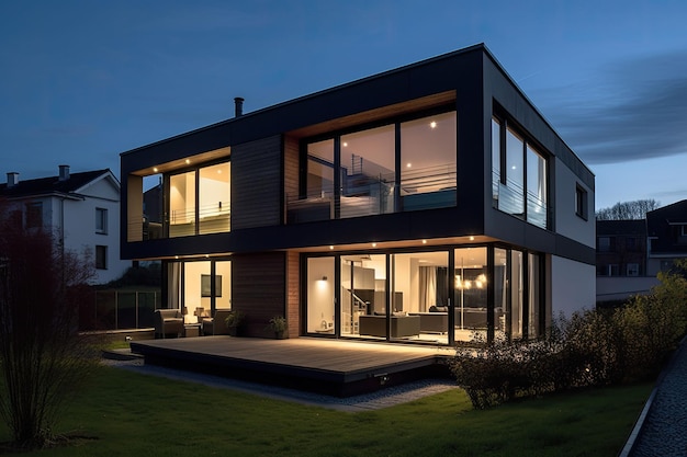 Exterior de una casa moderna y acogedora con grandes ventanales y césped AI generativa