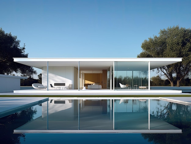 Exterior de una casa moderna basada en el diseño de arquitectos con paneles blancos y vidrio IA generativa