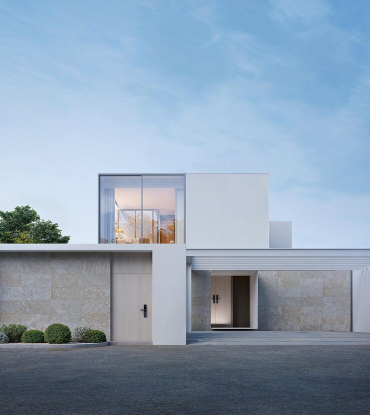 Exterior de una casa moderna con representación de cielo azul en 3D