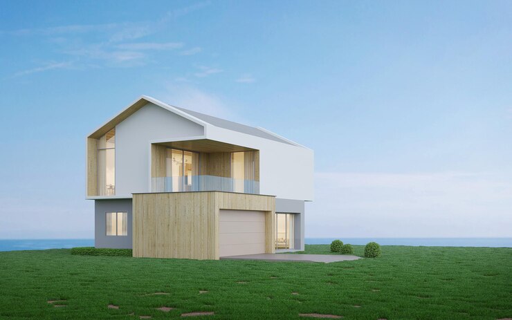 Exterior de la casa nórdica en el césped y el cielo azul3d renderización