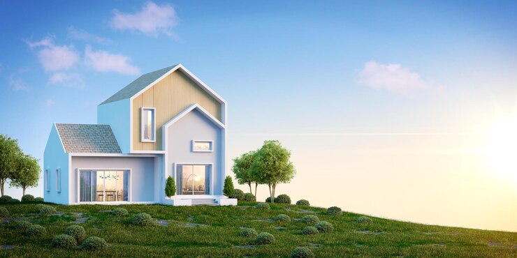 Exterior de la casa nórdica en la colina de hierba con espacio de copia y renderización sky3d azul