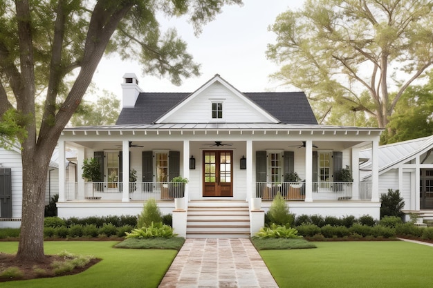 Foto el exterior clásico y atemporal de la casa de campo con un porche delantero de madera y un exterior blanco