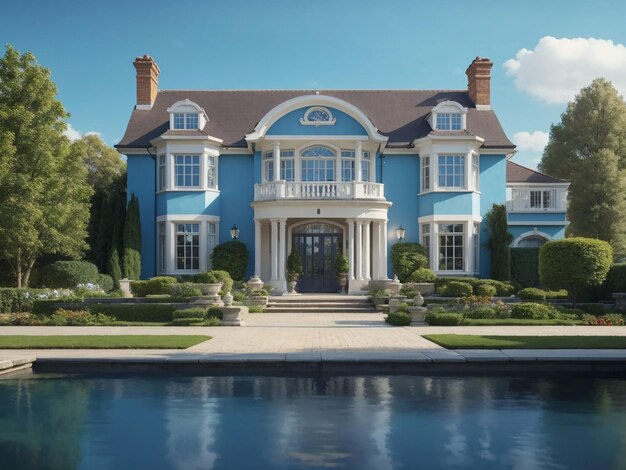 Foto exterior clássico da casa com lagoa e paisagem em fundo azul