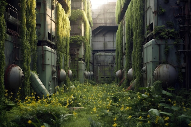 Exterior coberto de vegetação de um reator nuclear criado com IA generativa