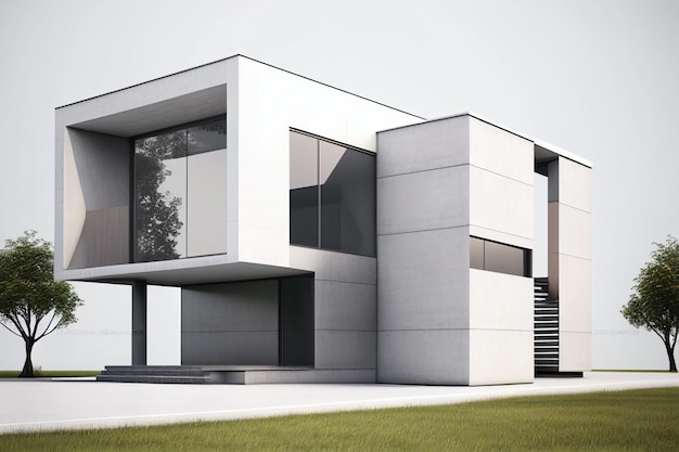 Foto exterior da casa moderna com paredes brancas e piso de concreto 3d renderização generativa ai