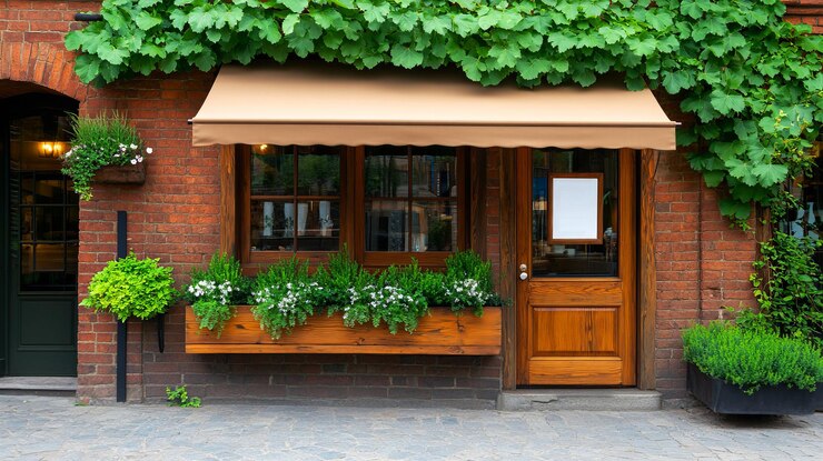 Foto exterior de café encantador com vegetação e sotaques de madeira com uma entrada rústica adornada com caixas de flores e um toldo retrátil para uma atmosfera acolhedora