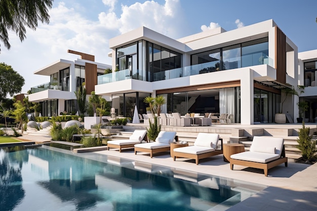 Exterior de casa de luxo com conceito imobiliário de piscina