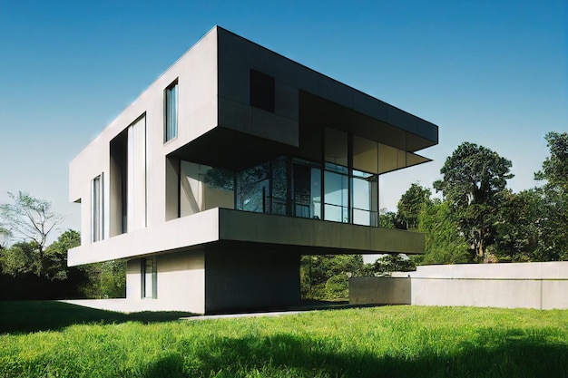 Exterior de casa moderna com arquitetura quadrada e gramado em frente à entrada