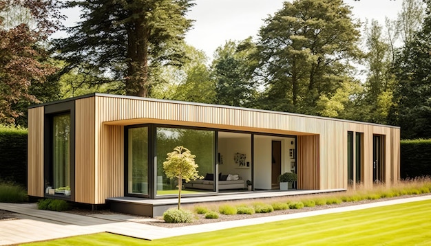 Exterior de casa moderna com jardim e árvores Generative AI